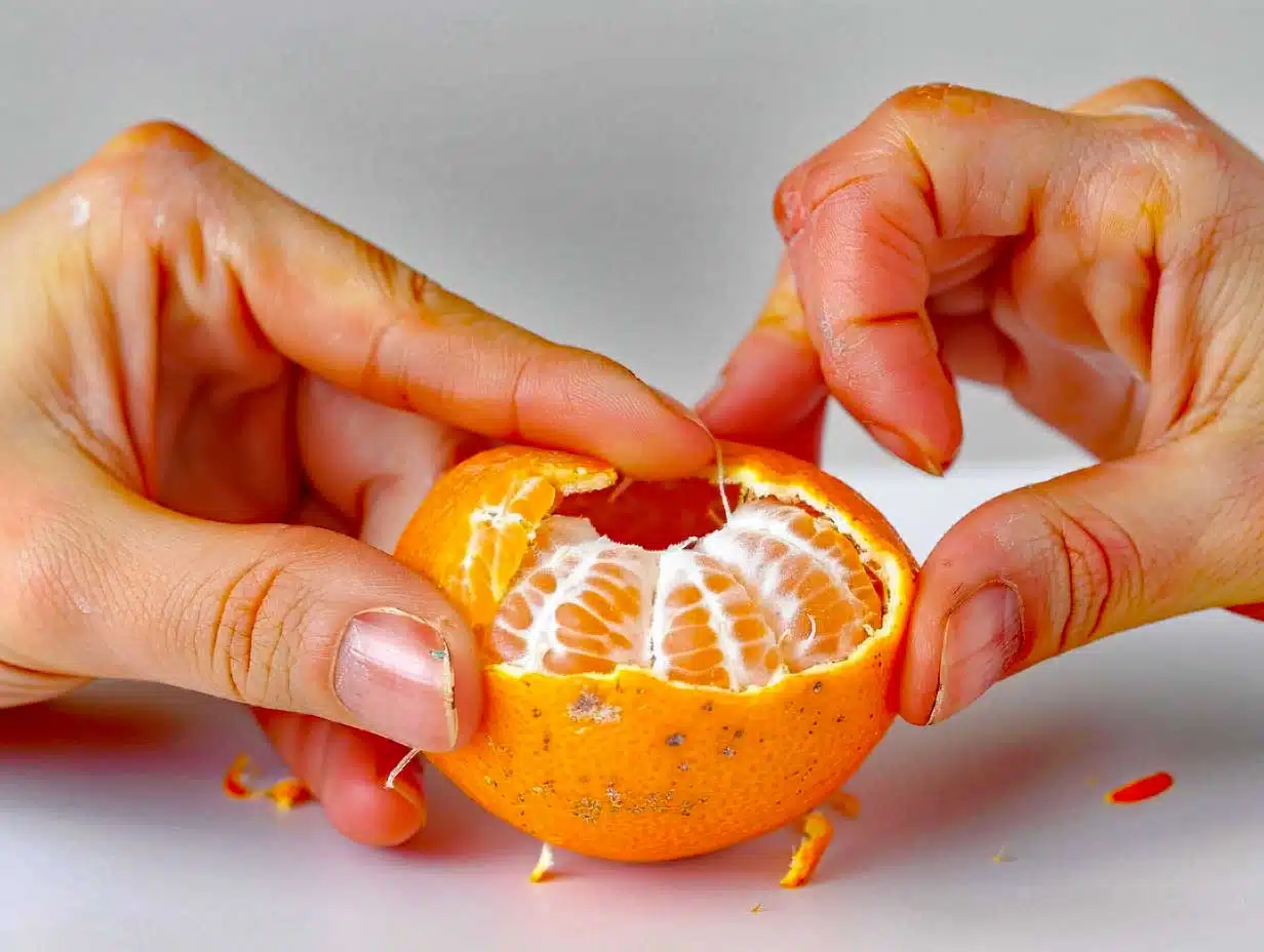 Une femme épluchant la peau d'une orange