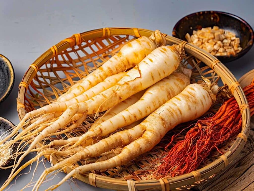 du ginseng rouge dans un panier en osier